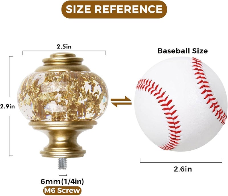USFOOK 2 Pack Window Treatment Finials for 1 or 7/8 Inch Curtain Rods, Gold Drapery Rods Replacement Finials with M6 Screws(1/4 in), Translucent Finials Embedded with Gold Foil - Image 4